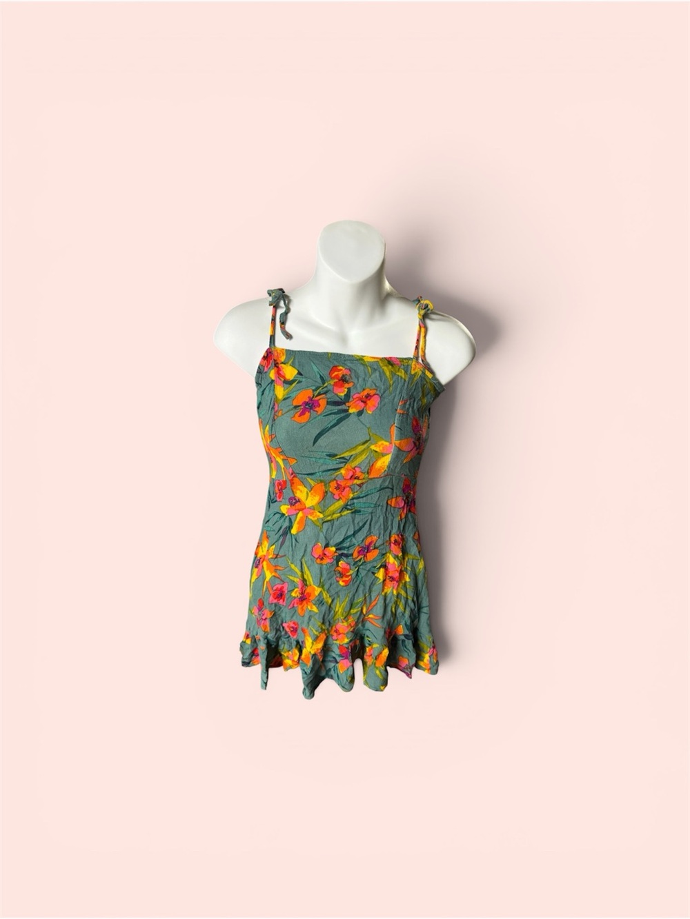Green Tropical Floral Tie-Shoulder Sundress